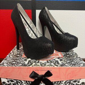 NIB Bordello Pleaser Black Glitter Platform Heel With Spatz Boot Cover Size 7